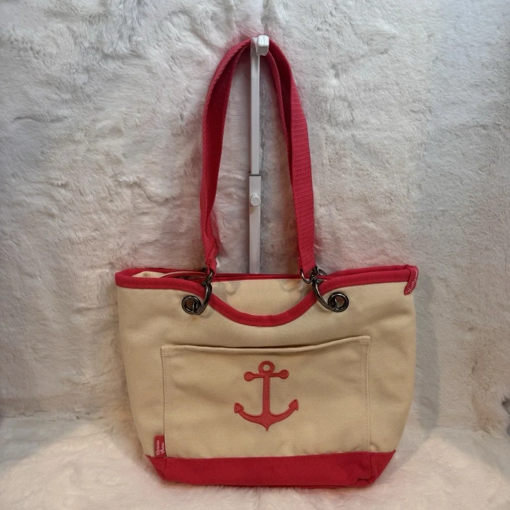 Thirty-One Canvas Crew Mini Thermal Lunch Bag Natural w/ Pink Anchor Embroidery